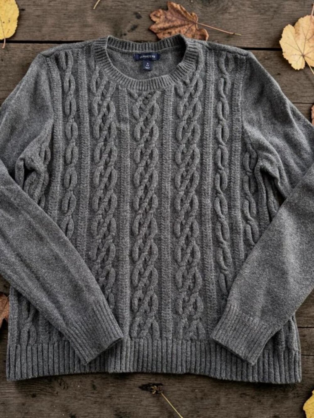 Lands End Gray Cable Knit Crew Neck Sweater Fisherman Womens‎ S Wool Blend
